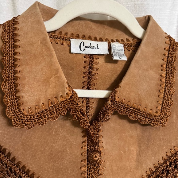 Vintage Y2K Carducci 100% Suede Crocheted Jacket Tan Brown Boho Western  Medium - Picture 11 of 14